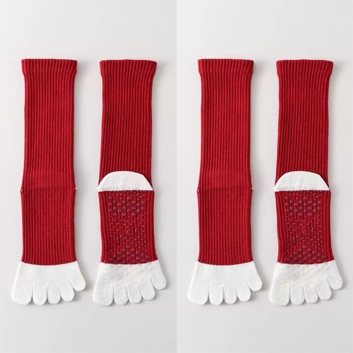 Findszx | Women’s Red Mid-Calf Five-Toe Yoga Socks with Grip for Pilates & Indoor Fitness
