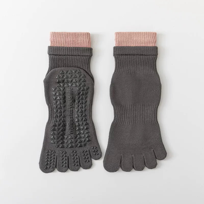 Findszx | Women’s Double-Cuff Mid-Calf Five-Toe Yoga Socks with Grip for Pilates & Indoor Fitness