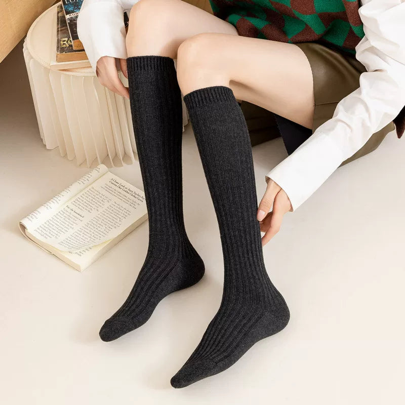 Double-Needle Calf Socks For Women In Autumn And Winter Pure Cotton Striped Pressure Slimming Solid Color Jk Versatile Knee-High College Style Stockings