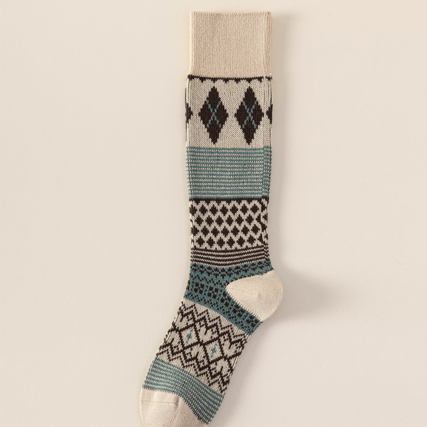 Findszx | Women’s Retro Diamond-Pattern Double-Knit Calf Socks in Cotton for Everyday Wear