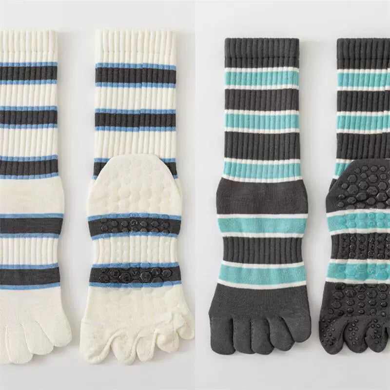 Findszx | Women’s Five-Toe Mid-Calf Socks for Yoga & Dance, Striped Pattern with Dotted Detail, Active Style