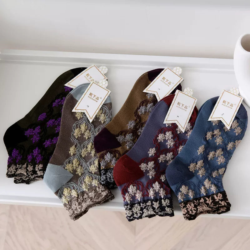 Findszx | 3-Pair Women’s Floral Cotton Lace Ankle Socks Set for Spring & Autumn Wear