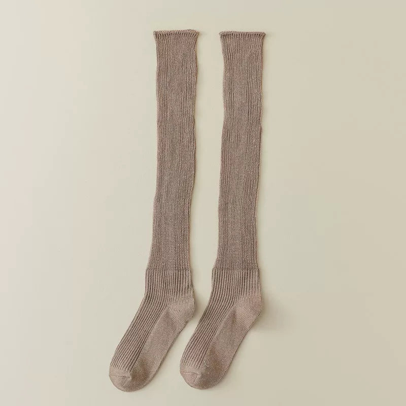 Findszx | Women’s Knee-High Pile Cotton Socks with Vertical Stripe Design for Spring & Autumn Wear