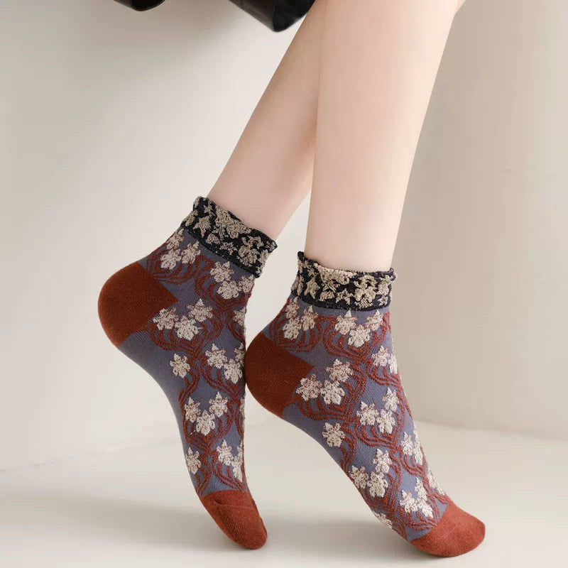 Findszx | 3-Pair Women’s Floral Cotton Lace Ankle Socks Set for Spring & Autumn Wear