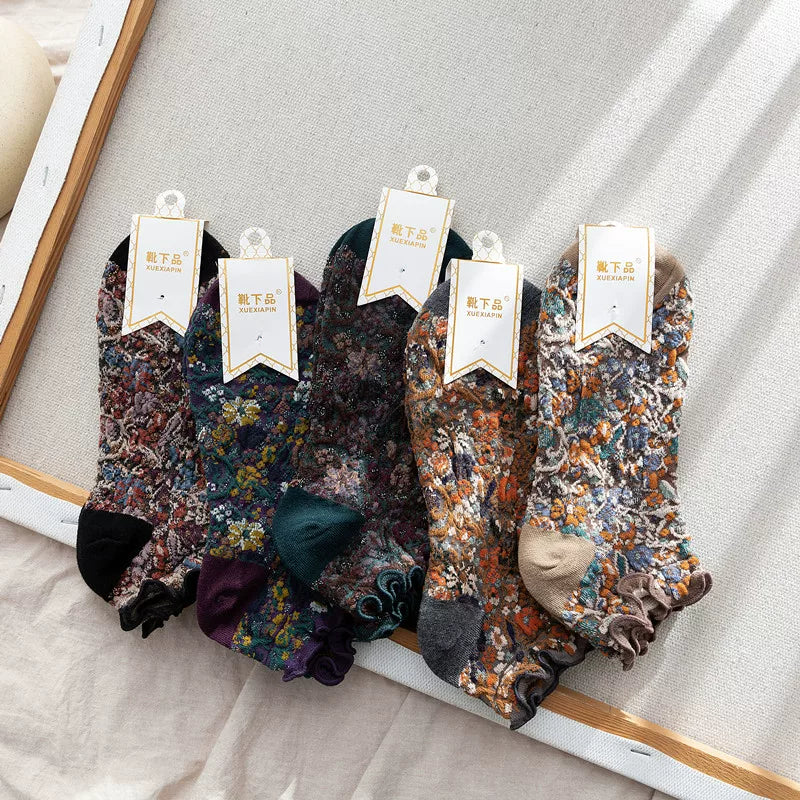 Findszx | Women’s Floral Lace Cotton Ankle Socks with Retro Pattern for Spring & Autumn Wear
