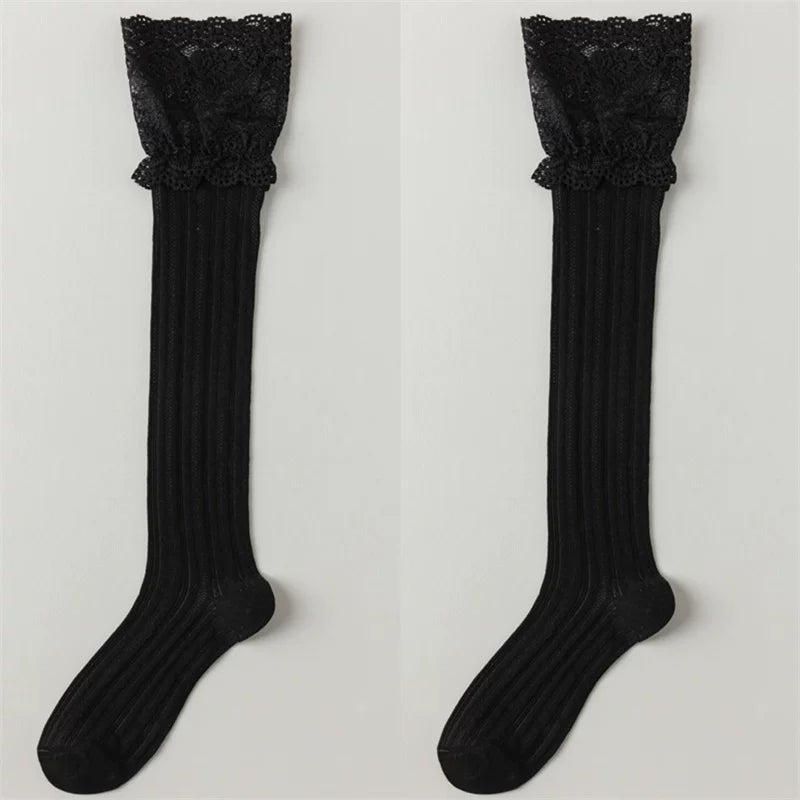 Findszx | Lace-Trim Long Calf Socks for Women, Lightweight Cotton Blend, Boot-Friendly Daily Style