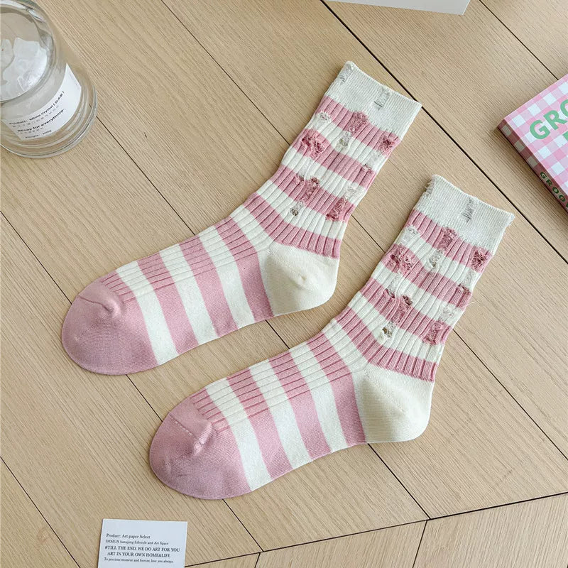 Findszx | Striped Mid-Calf Cotton Socks for Women, Lightweight Distressed Detail, Spring & Autumn Casual Wear
