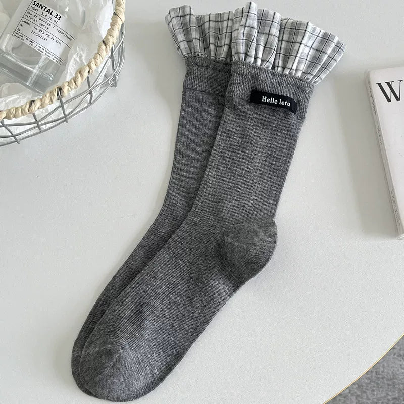 Findszx | Plaid Lace-Trim Mid-Calf Socks for Women, Letter Detail Knit, Layered Everyday Style