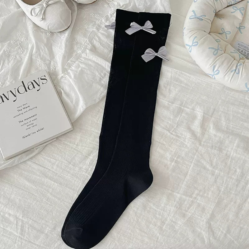 Ballet Style Bow Socks For Women Thin Sweet Cool Calf Socks Vertical Strip Jk Fashionable Miu Gray Pile Stockings