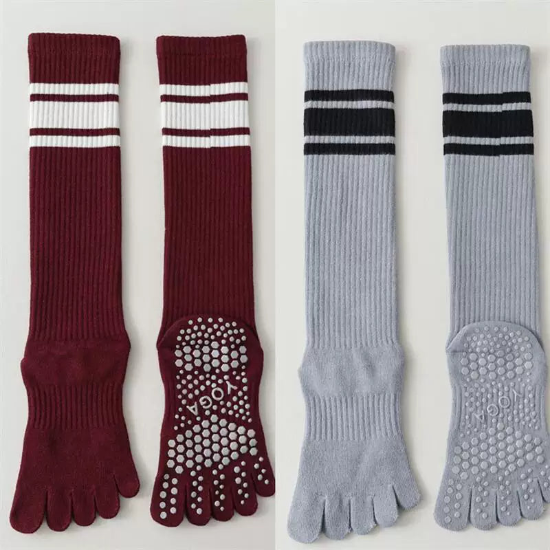 Findszx | Long Five-Toe Calf Socks for Women, Deep Red Tone, Yoga & Pilates Active Wear Style