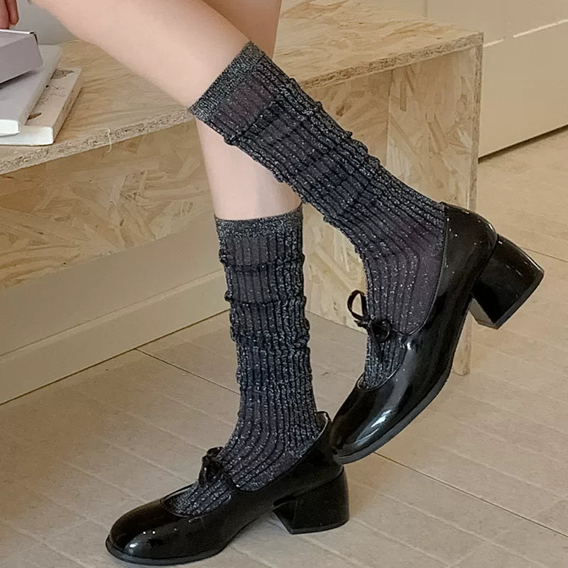 Findszx | Lightweight Vertical Stripe Long Calf Socks for Women, Sheer Texture Design, Spring & Summer Style