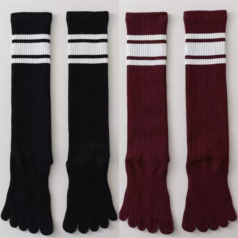 Findszx | Women’s Knee-High Five-Toe Cotton Socks with Striped Design for Spring & Autumn Wear
