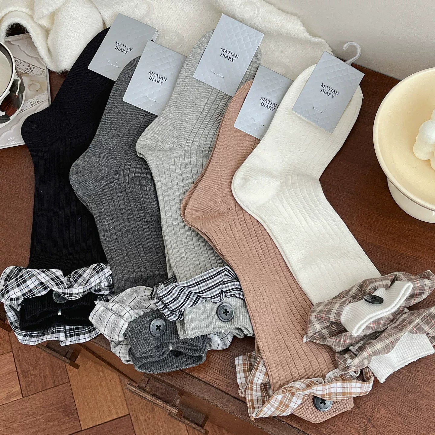 Findszx | Lace-Trim Mid-Calf Socks for Women, Button Detail with Plaid Accent, Everyday Vintage Style
