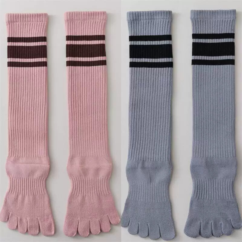 Findszx | Women’s Knee-High Five-Toe Cotton Socks with Striped Design for Spring & Autumn Wear