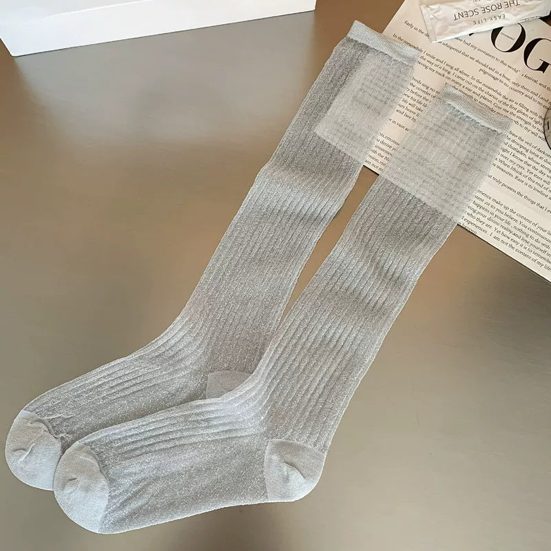 Findszx | Lightweight Vertical Stripe Long Calf Socks for Women, Sheer Texture Design, Spring & Summer Style