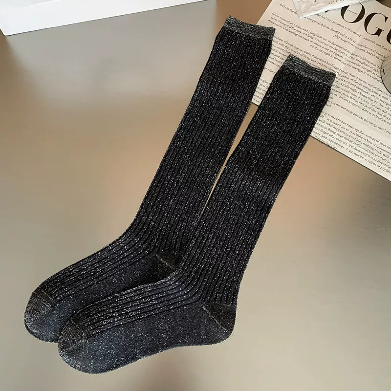 Findszx | Lightweight Vertical Stripe Long Calf Socks for Women, Sheer Texture Design, Spring & Summer Style