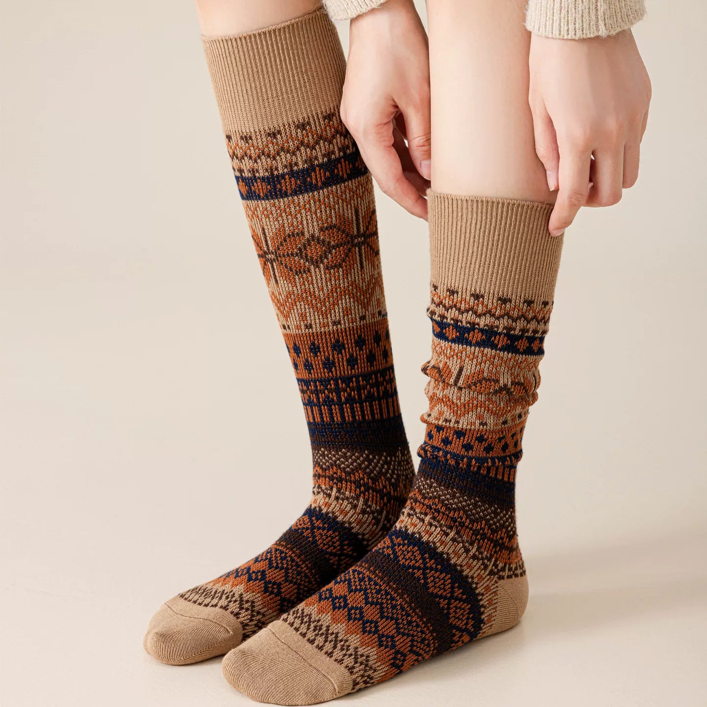 Findszx | Women’s Double-Knit Calf Cotton Socks in Warm Neutral Tones for Autumn & Winter Wear