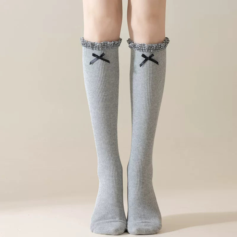 Findszx | Women’s Ballet-Inspired Lace Mid-Calf Socks with Bow Detail for Autumn & Winter Wear