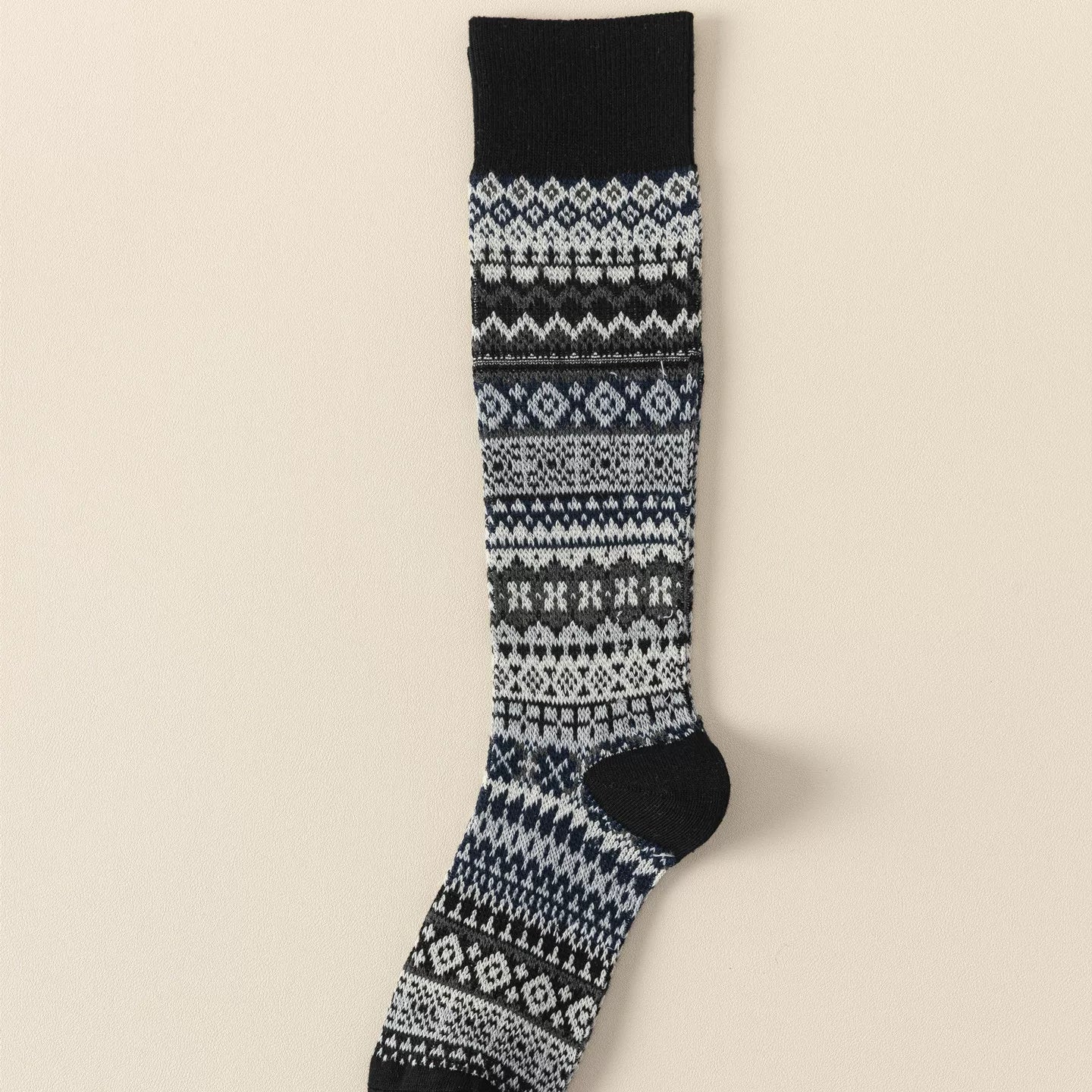 Ethnic Style Retro Calf Socks Double-Needle Fair Isle Stockings For Women In Autumn And Winter Paired With Snow Boots And Piled High Socks