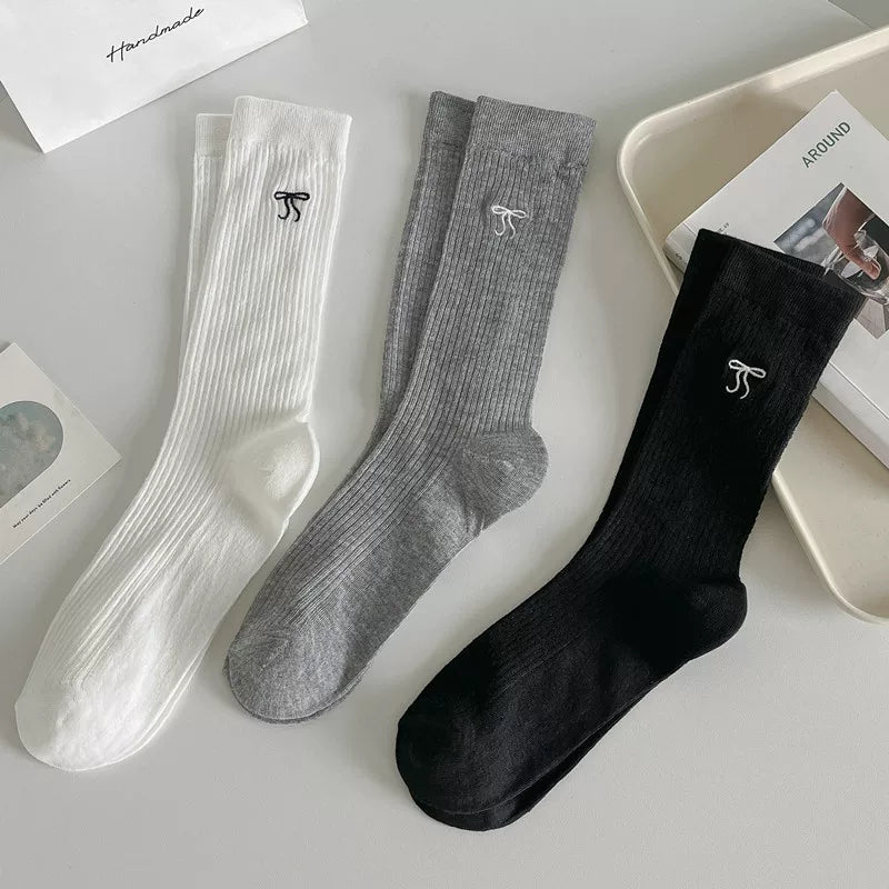 Ballet Style Bow Long Socks For Women Summer Thin Mid-High Calf Socks Mesh Breathable Pile Stockings Cotton