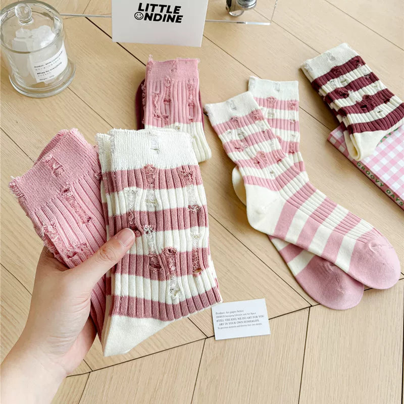 Findszx | Striped Mid-Calf Cotton Socks for Women, Lightweight Distressed Detail, Spring & Autumn Casual Wear