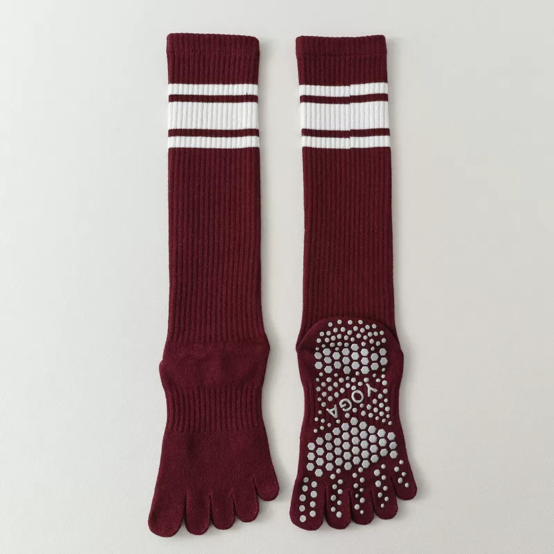 Findszx | Long Five-Toe Calf Socks for Women, Deep Red Tone, Yoga & Pilates Active Wear Style