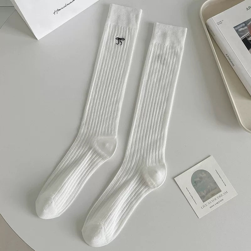 Ballet Style Bow Long Socks For Women Summer Thin Mid-High Calf Socks Mesh Breathable Pile Stockings Cotton