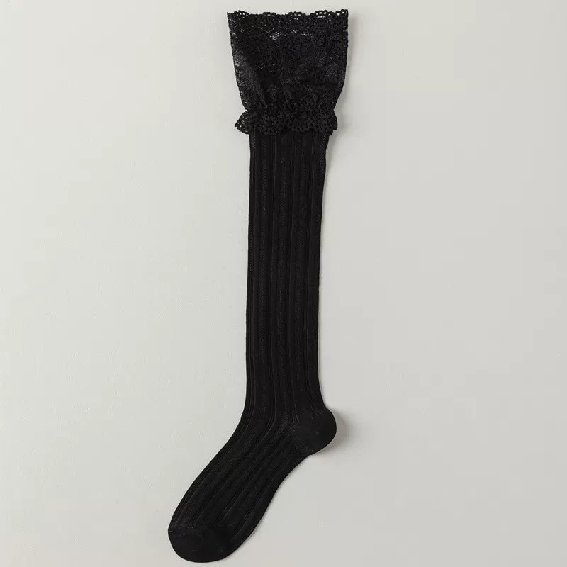 Findszx | Lace-Trim Long Calf Socks for Women, Lightweight Cotton Blend, Boot-Friendly Daily Style