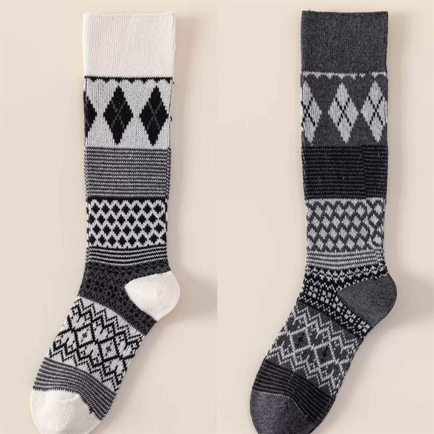Findszx | Women’s Retro Diamond-Pattern Double-Knit Calf Socks in Cotton for Everyday Wear