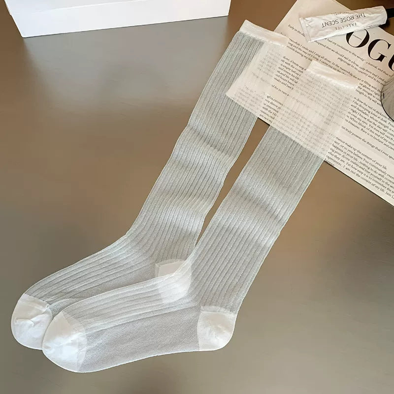 Findszx | Lightweight Vertical Stripe Long Calf Socks for Women, Sheer Texture Design, Spring & Summer Style