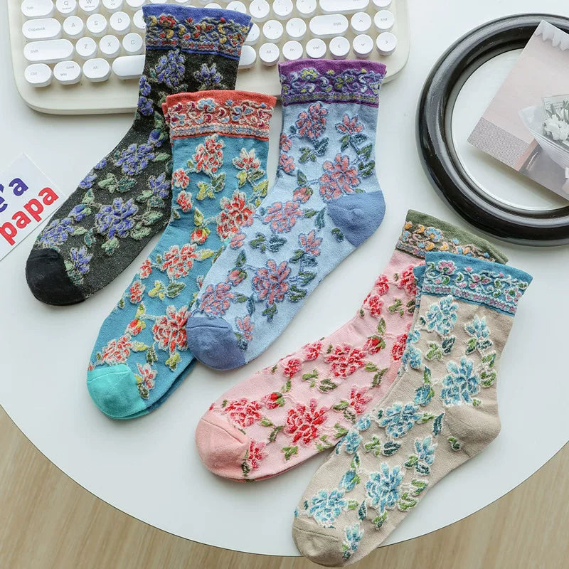 Findszx | Women’s Floral Pattern Cotton Mid-Calf Socks with Lace Detail for Spring & Autumn Wear