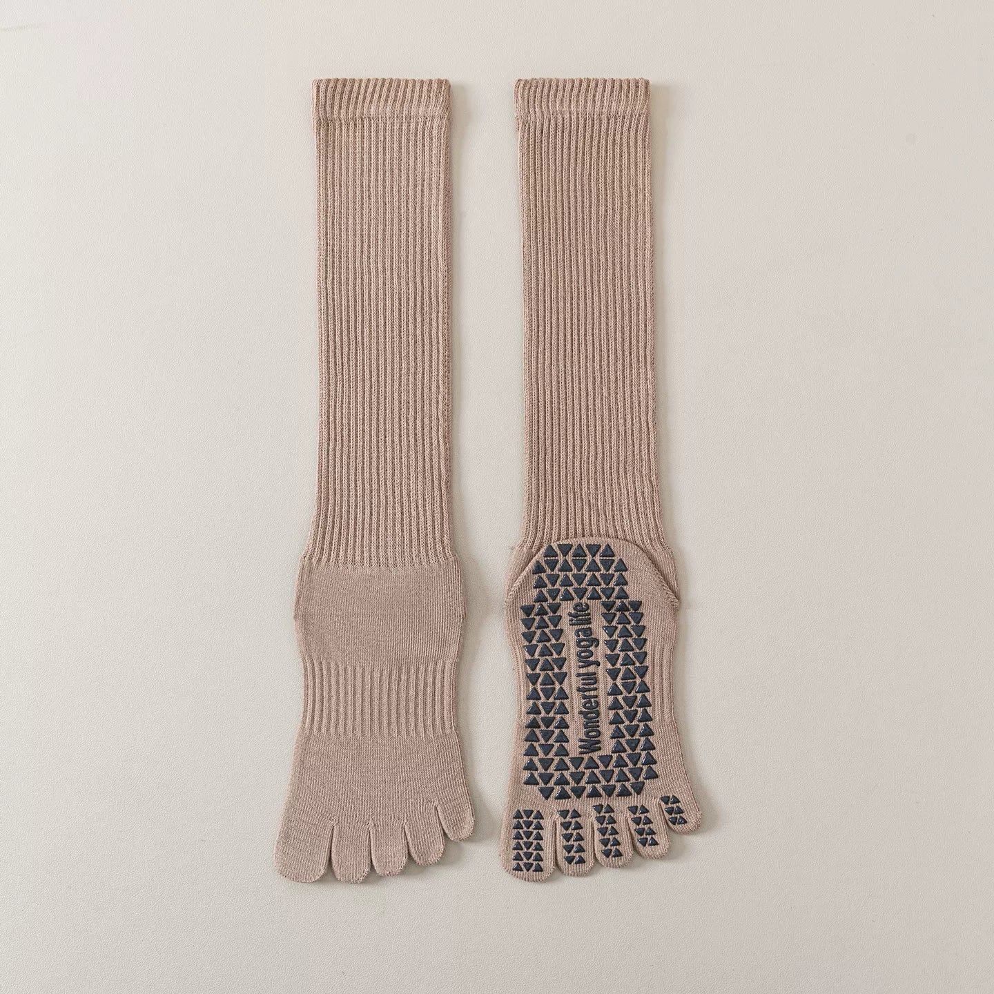 Findszx | Five-Toe Calf Socks in Warm Neutral Tones, Lightweight Design for Yoga & Pilates Wear
