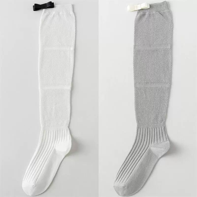 Findszx | Women’s Ballet-Inspired Long Calf Cotton Socks with Bow Detail and Sheer Mesh Texture