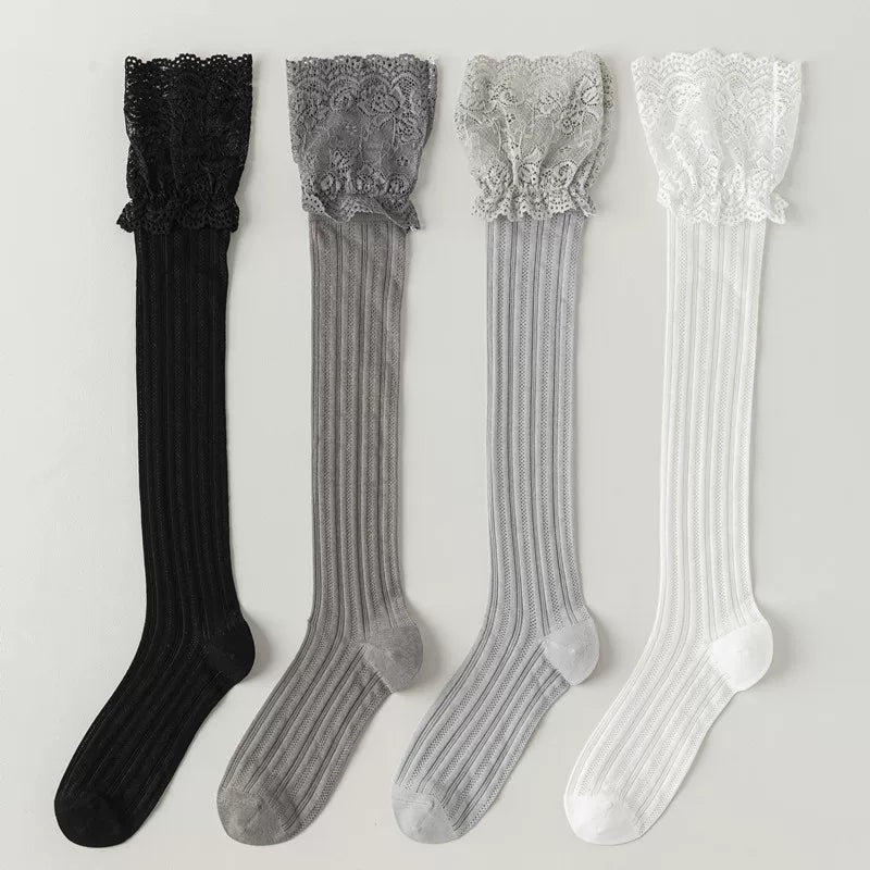 Findszx | Lace-Trim Long Calf Socks for Women, Lightweight Cotton Blend, Boot-Friendly Daily Style