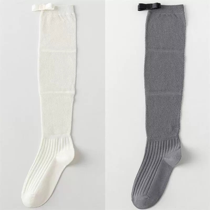 Findszx | Women’s Ballet-Inspired Long Calf Cotton Socks with Bow Detail and Sheer Mesh Texture