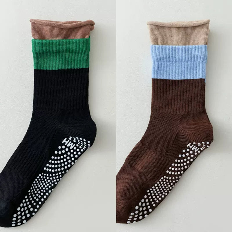 Findszx | Women’s Color-Block Mid-Calf Yoga Socks with Silicone Grip for Pilates & Indoor Fitness