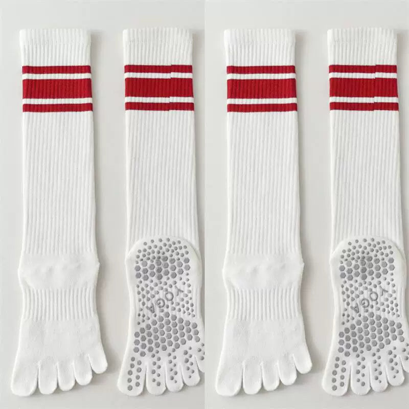 Findszx | Long Five-Toe Calf Socks for Women, Deep Red Tone, Yoga & Pilates Active Wear Style