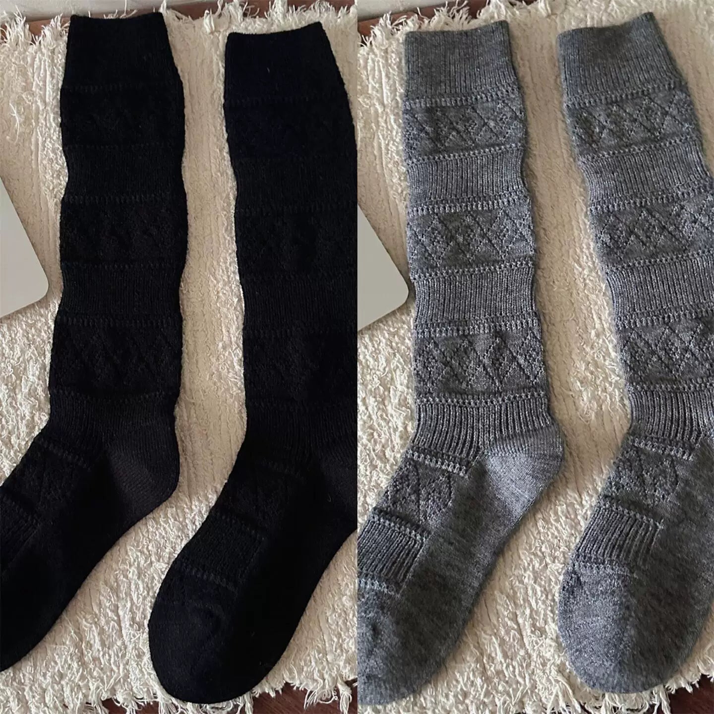 Findszx | Textured Diamond-Pattern Calf Socks for Women, Soft Knit Design, Autumn & Winter Daily Wear