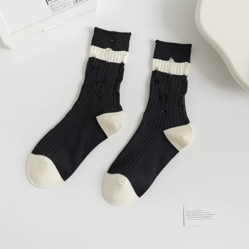 Findszx | Striped Mid-Calf Cotton Socks for Women, Lightweight Distressed Detail, Spring & Autumn Casual Wear