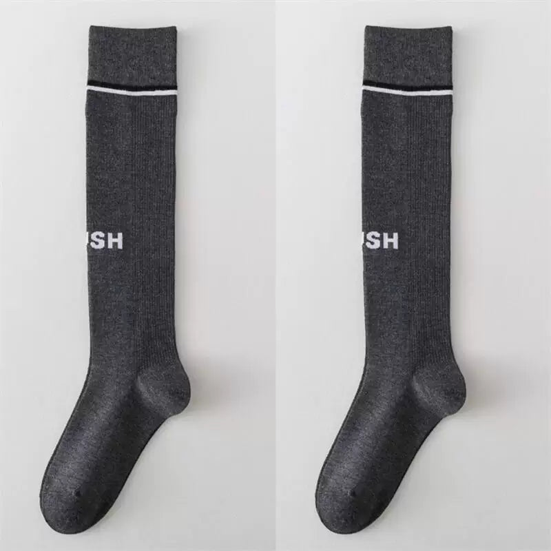 Findszx | Letter Detail Mid-High Calf Socks for Women, Striped Knit Design, Versatile Everyday Style