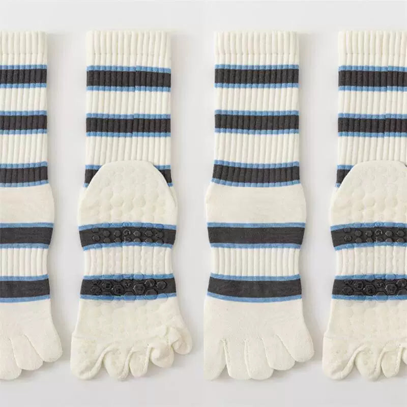 Findszx | Women’s Five-Toe Mid-Calf Socks for Yoga & Dance, Striped Pattern with Dotted Detail, Active Style