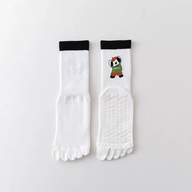 Findszx | Women’s Cartoon-Style Mid-Calf Five-Toe Yoga Socks with Grip for Pilates & Indoor Fitness