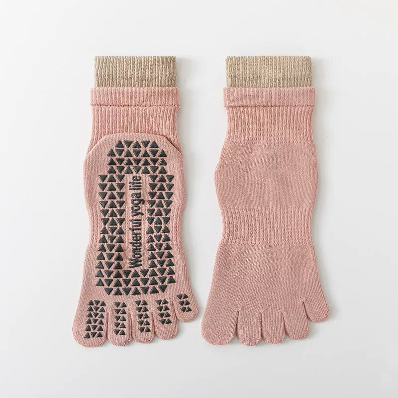 Findszx | Women’s Double-Cuff Mid-Calf Five-Toe Yoga Socks with Grip for Pilates & Indoor Fitness