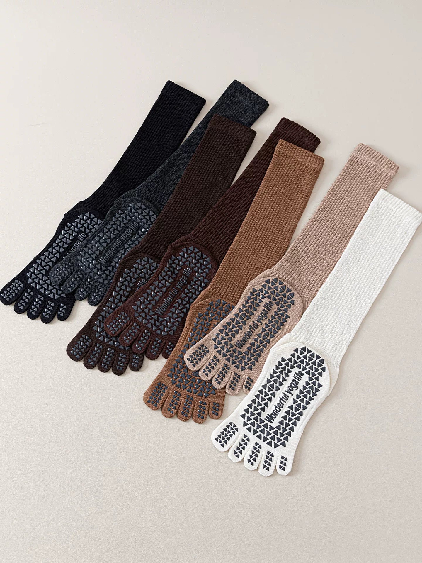 Findszx | Five-Toe Calf Socks in Warm Neutral Tones, Lightweight Design for Yoga & Pilates Wear