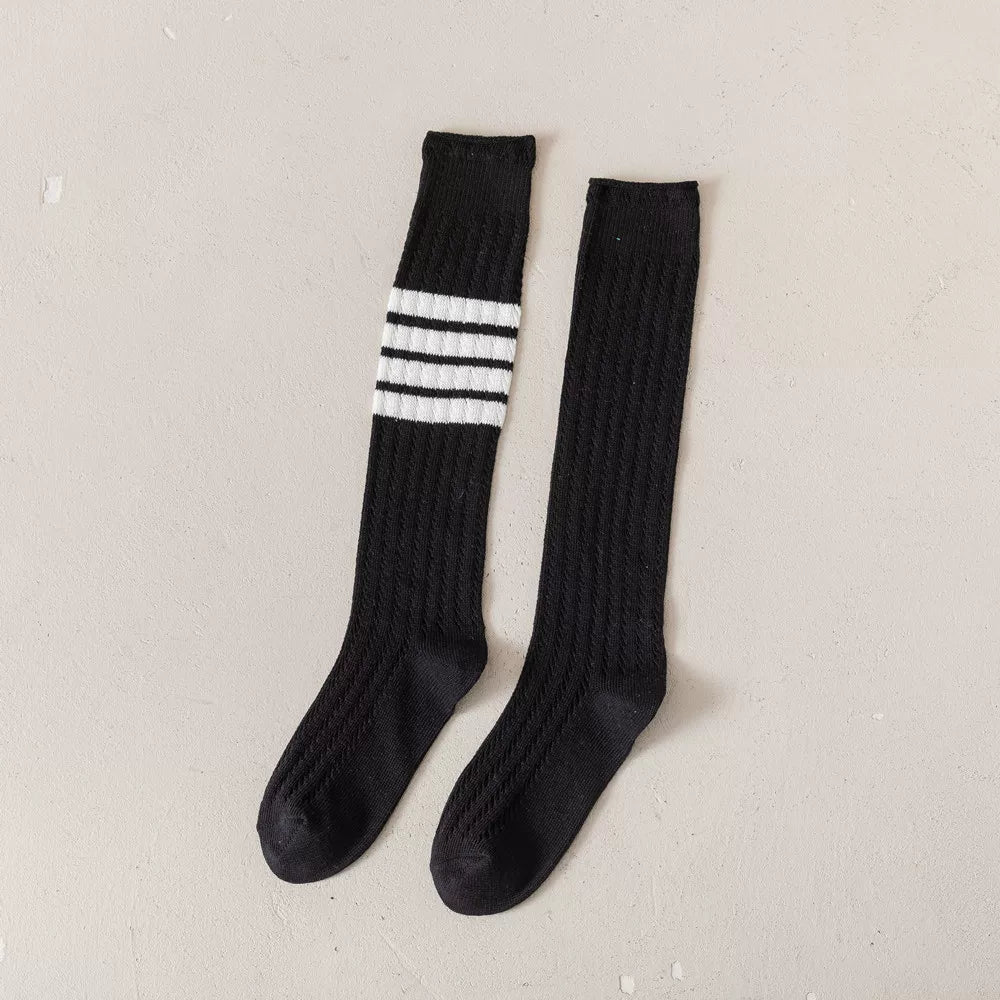 Findszx | Women’s Knee-Length Cotton Mesh Socks with Four-Stripe Detail for Spring & Summer Wear