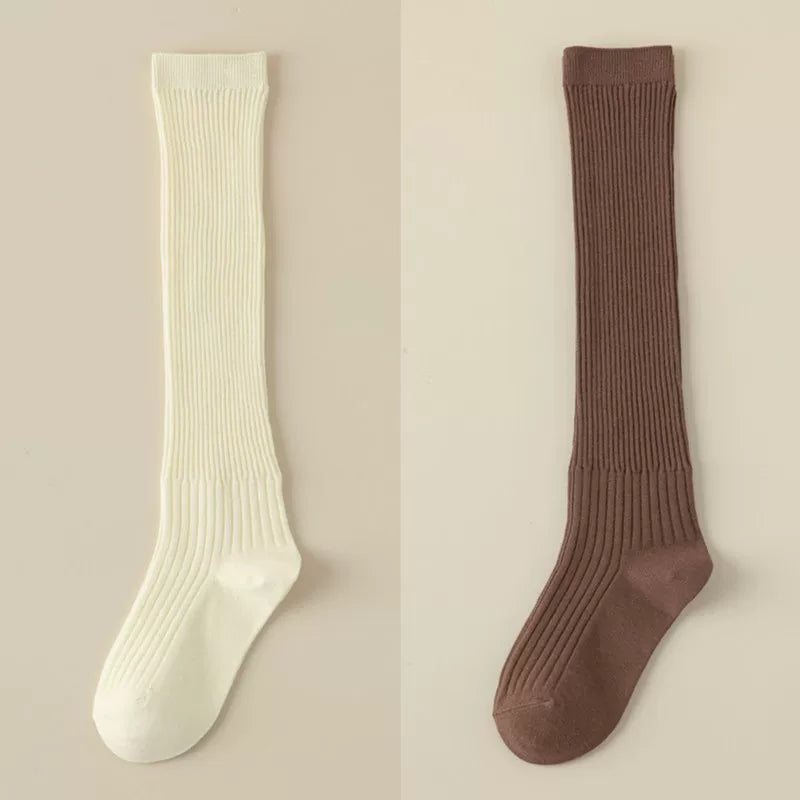 Findszx | Women’s White Long Calf Pile Socks with Vertical Stripe Texture for Spring & Summer Wear