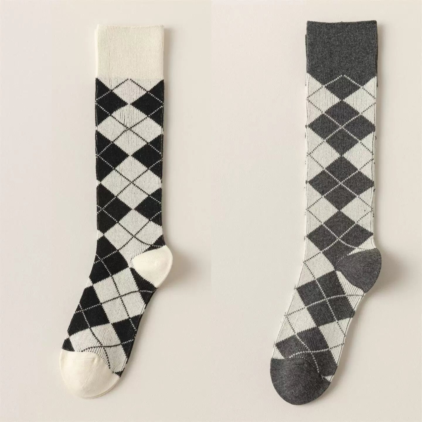 Findszx | Women’s Retro-Inspired Knee-High Cotton Socks with Diamond Pattern for Autumn & Winter Wear