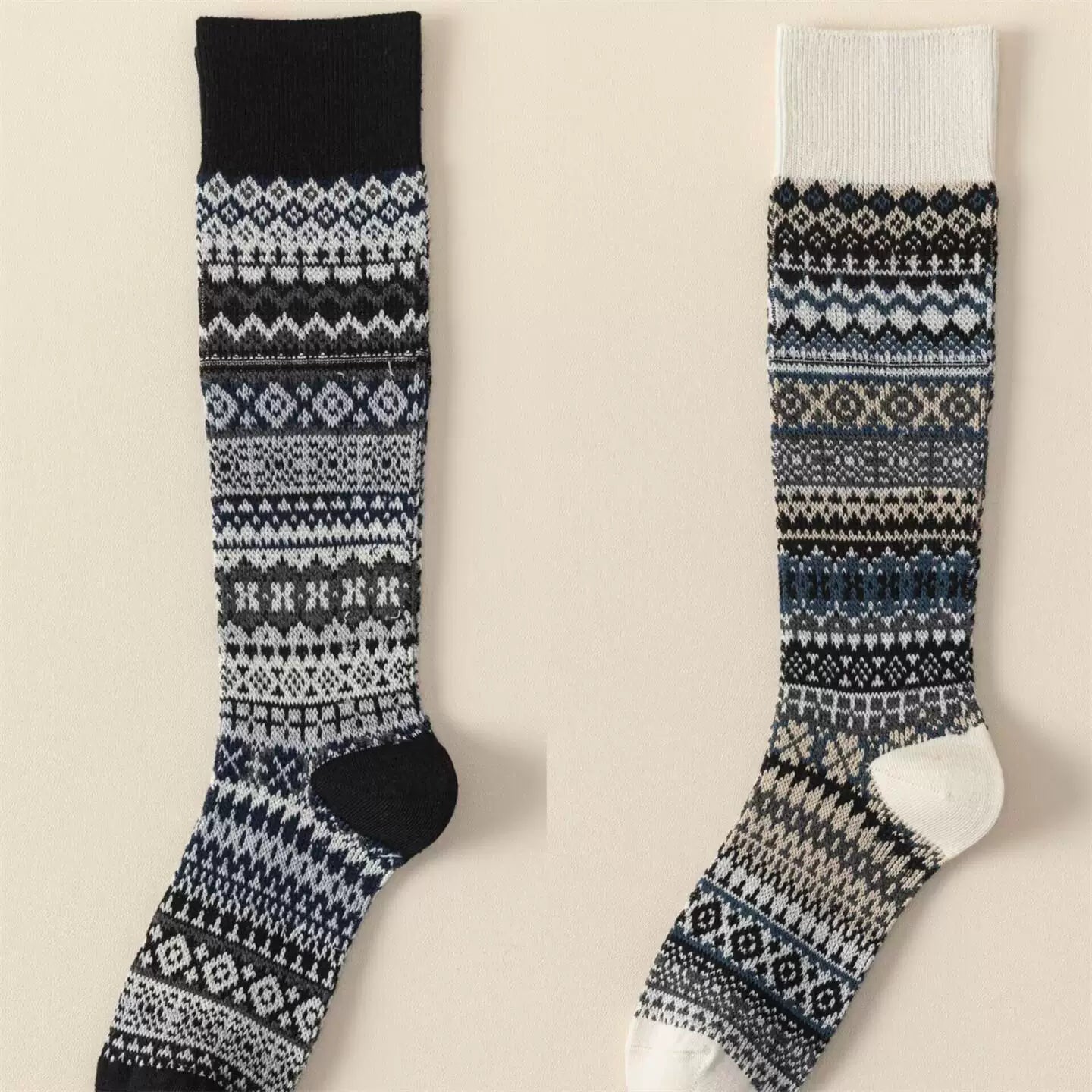Ethnic Style Retro Calf Socks Double-Needle Fair Isle Stockings For Women In Autumn And Winter Paired With Snow Boots And Piled High Socks