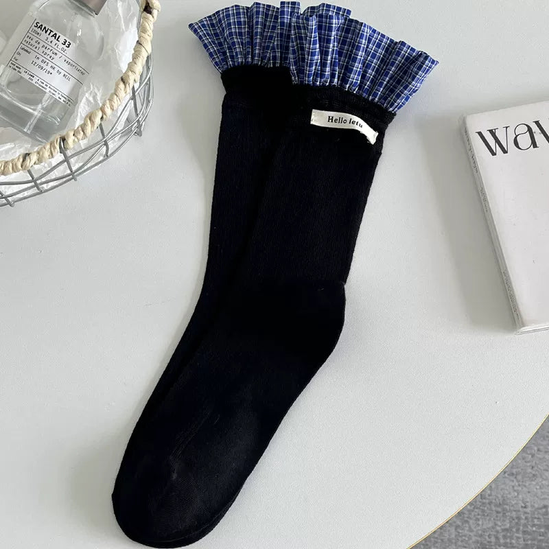 Findszx | Plaid Lace-Trim Mid-Calf Socks for Women, Letter Detail Knit, Layered Everyday Style