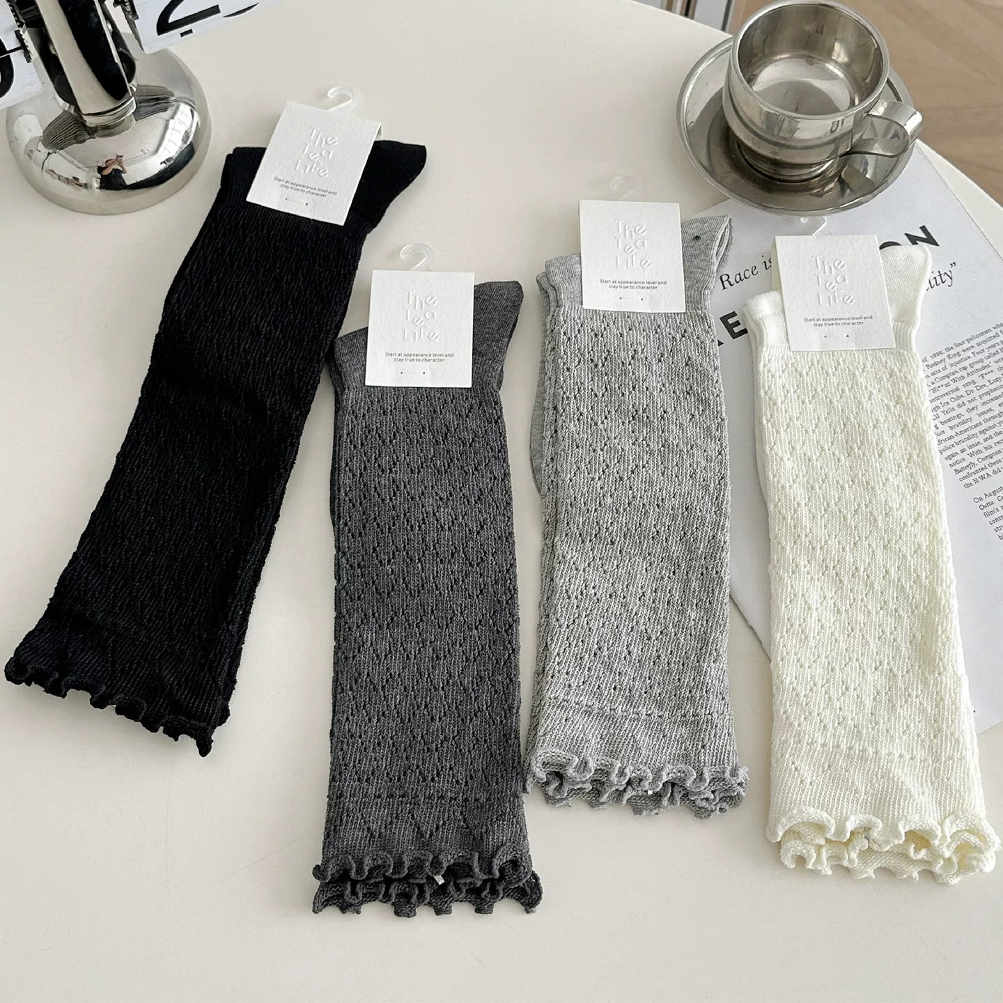Findszx | Women’s Retro Knit Calf Socks with Lace Trim for Spring & Autumn Wear